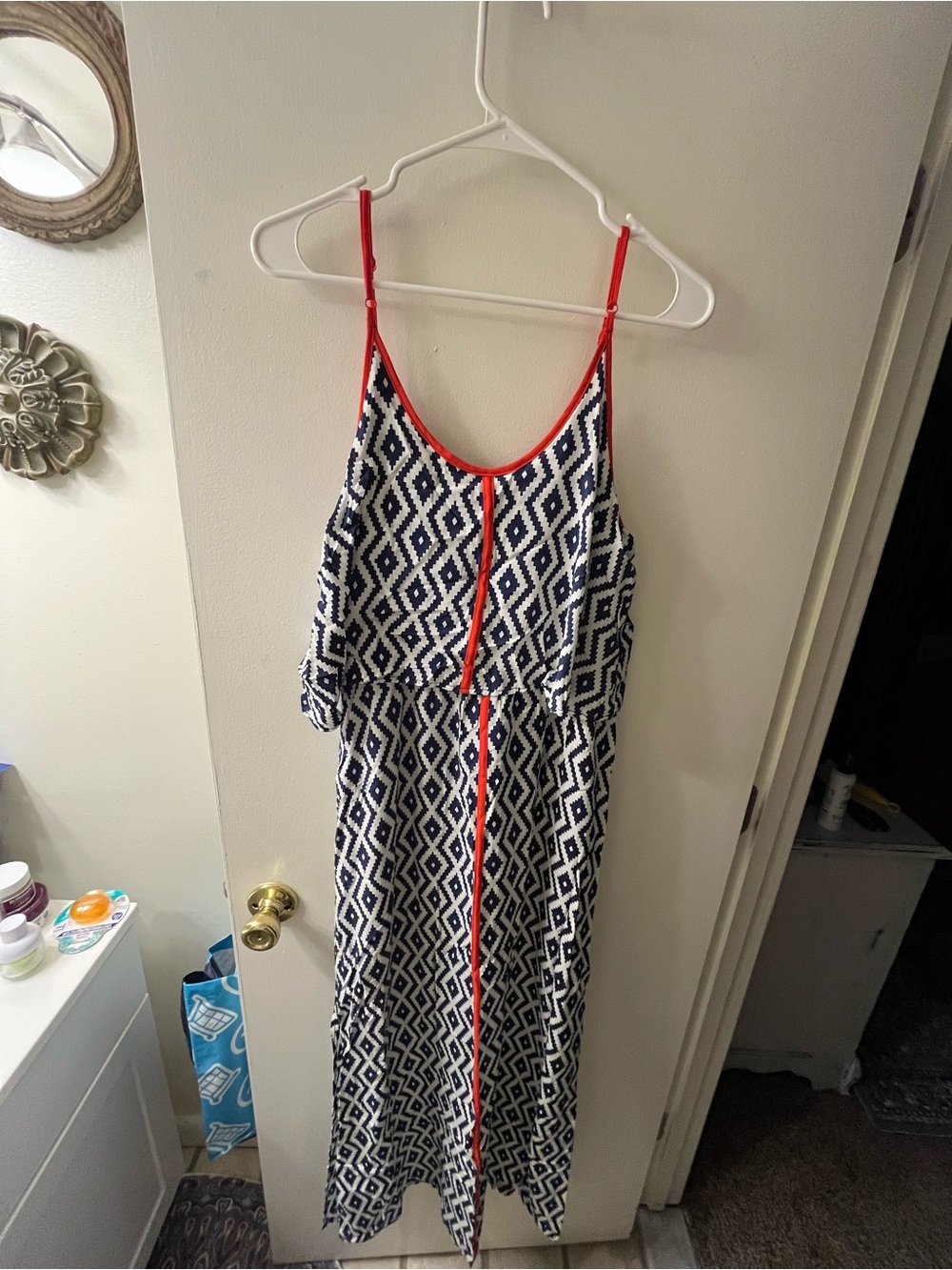 THML Women's Navy and White Geometric Maxi Dress with Red Trim - Picture 3 of 4